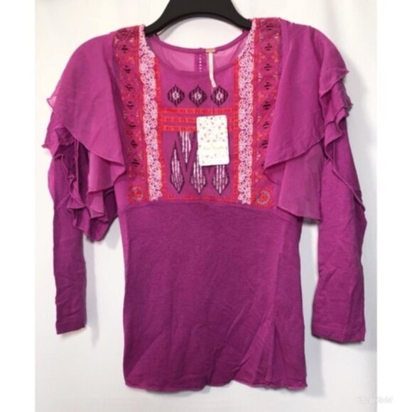Free People Womens Purple Long Flutter Sleeve Embroidered Top Sz M New - Picture 4 of 11